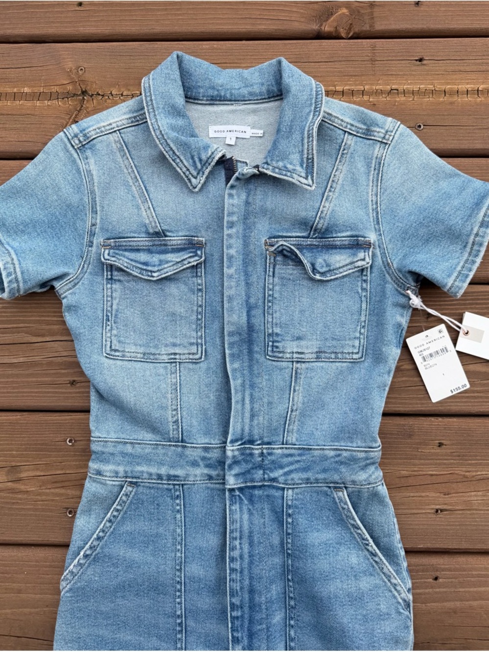 GOOD AMERICAN Light Wash Denim Jumpsuit - Short Sleeve - Picture 5 of 12